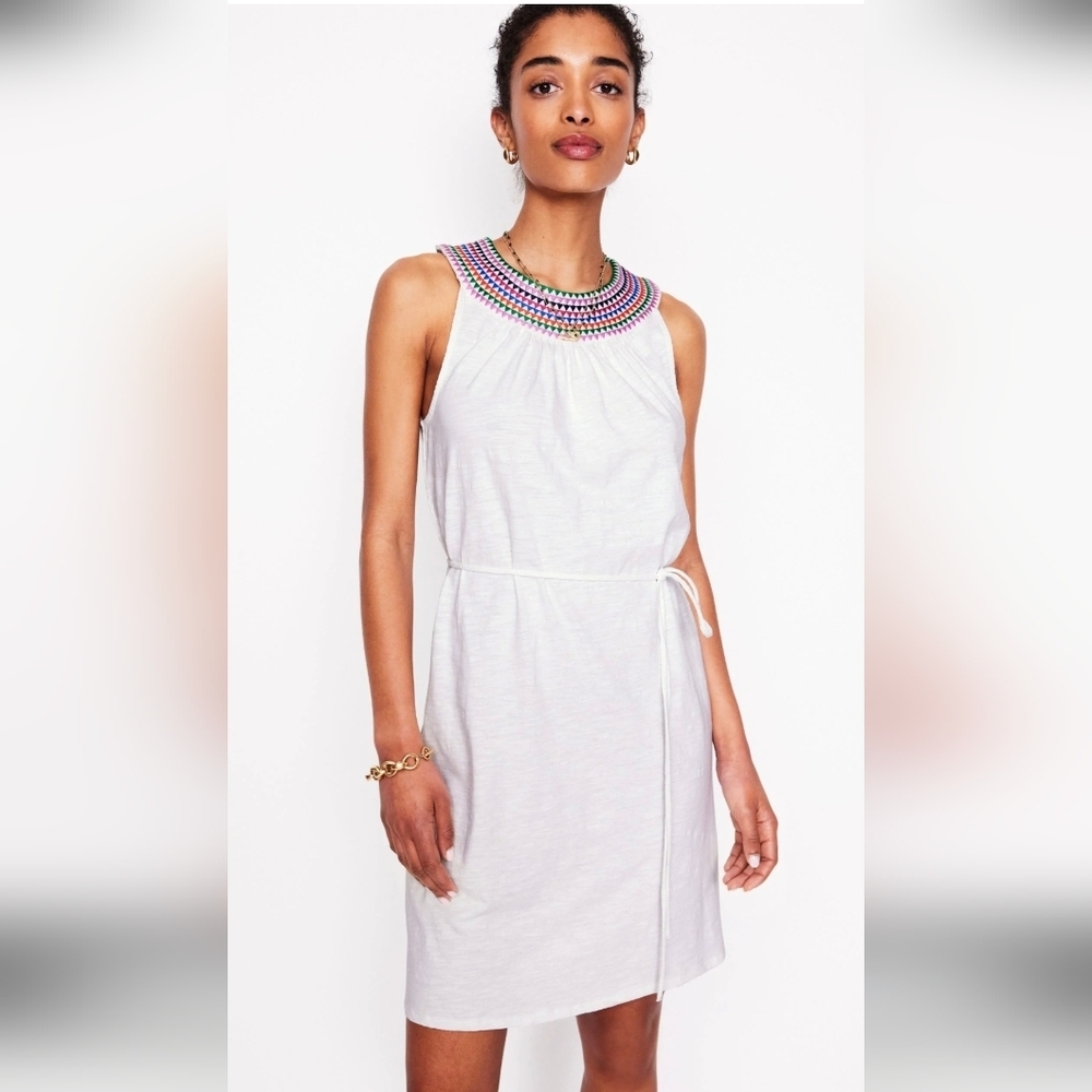 Boden Eleni Embroidered Neckline Cotton Dress Sie 10 New